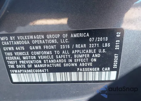 2014 Volkswagen Passat 2.5L Wolfsburg Edition z USA, uszkodzony, nr VIN 1VWAP7A36EC006471